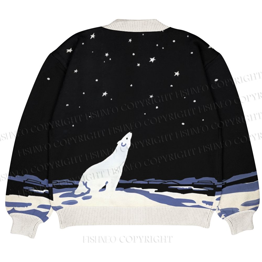 Polar Bear Stargazing Ugly Cardigan Sweater With Pocket
