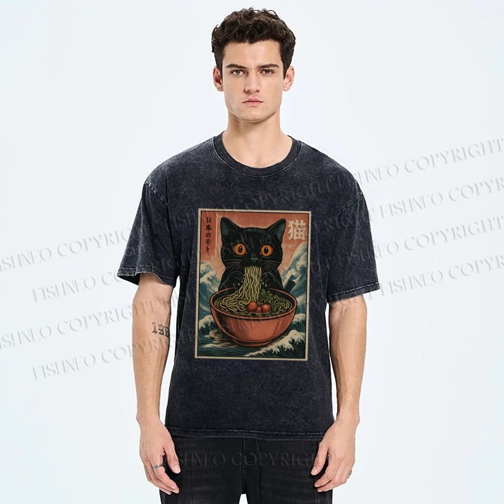 Unisex Japanese Wave Ramen Cat Printed Washed Tee
