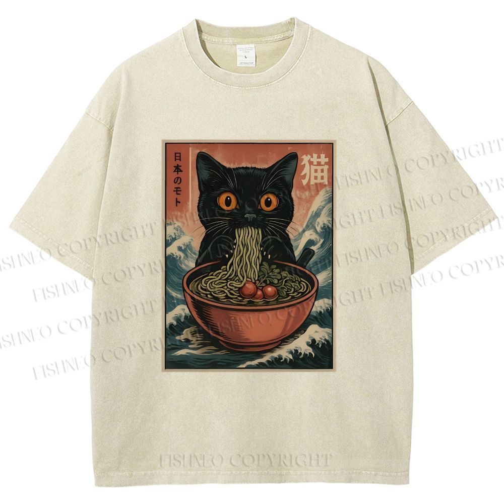 Unisex Japanese Wave Ramen Cat Printed Washed Tee