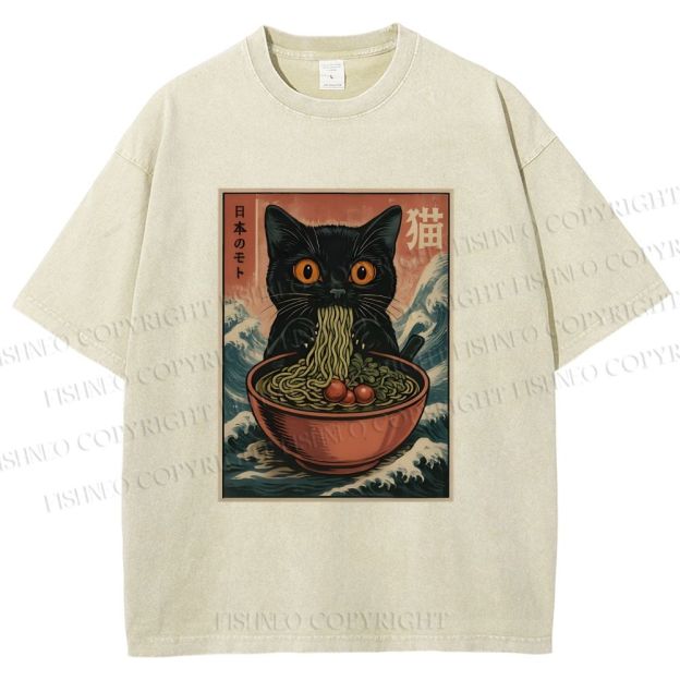 Unisex Japanese Wave Ramen Cat Printed Washed Tee