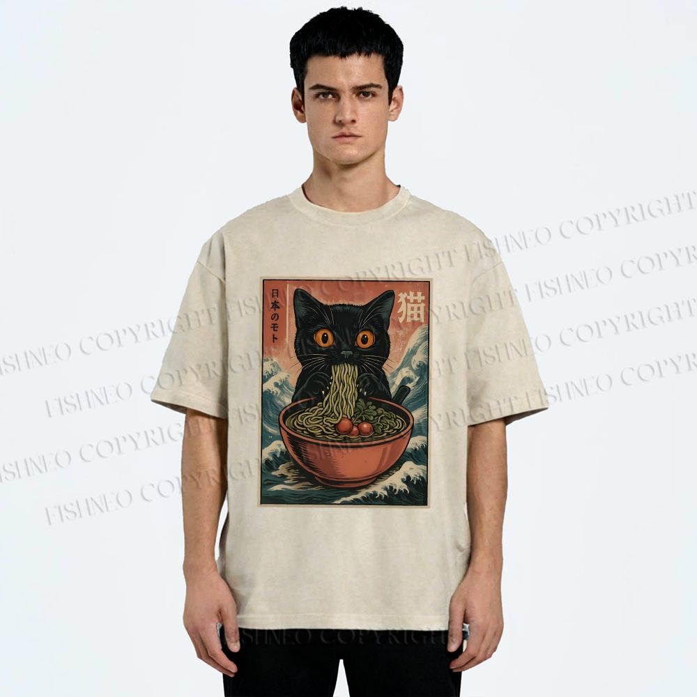 Unisex Japanese Wave Ramen Cat Printed Washed Tee