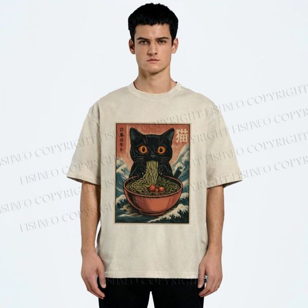 Unisex Japanese Wave Ramen Cat Printed Washed Tee