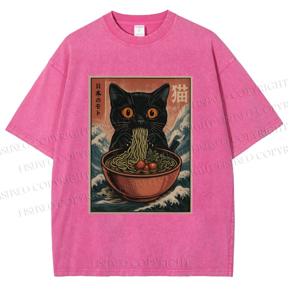 Unisex Japanese Wave Ramen Cat Printed Washed Tee