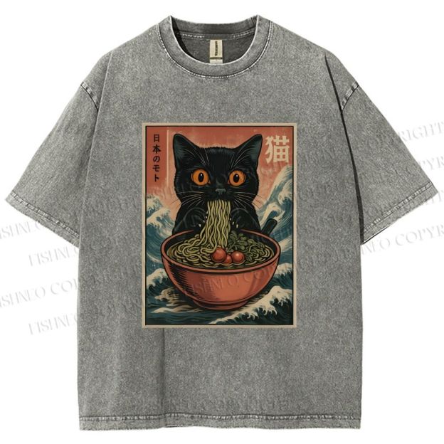 Unisex Japanese Wave Ramen Cat Printed Washed Tee