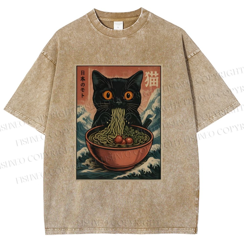 Unisex Japanese Wave Ramen Cat Printed Washed Tee
