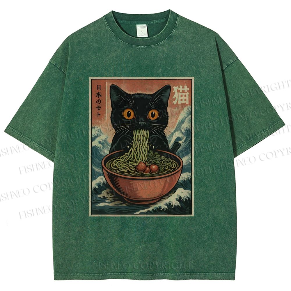 Unisex Japanese Wave Ramen Cat Printed Washed Tee
