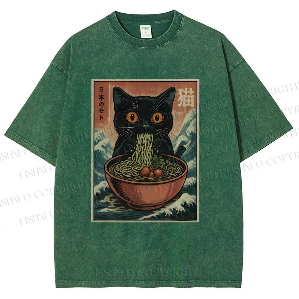 Unisex Japanese Wave Ramen Cat Printed Washed Tee