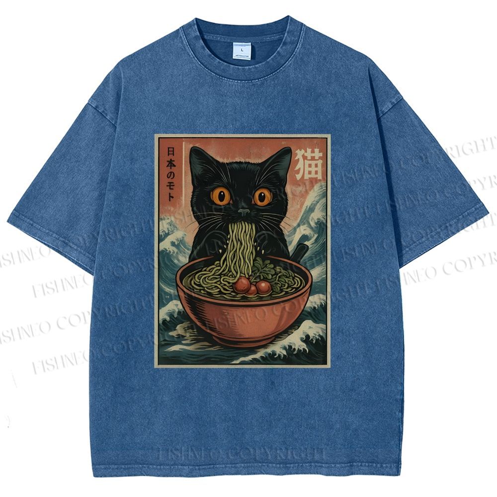 Unisex Japanese Wave Ramen Cat Printed Washed Tee
