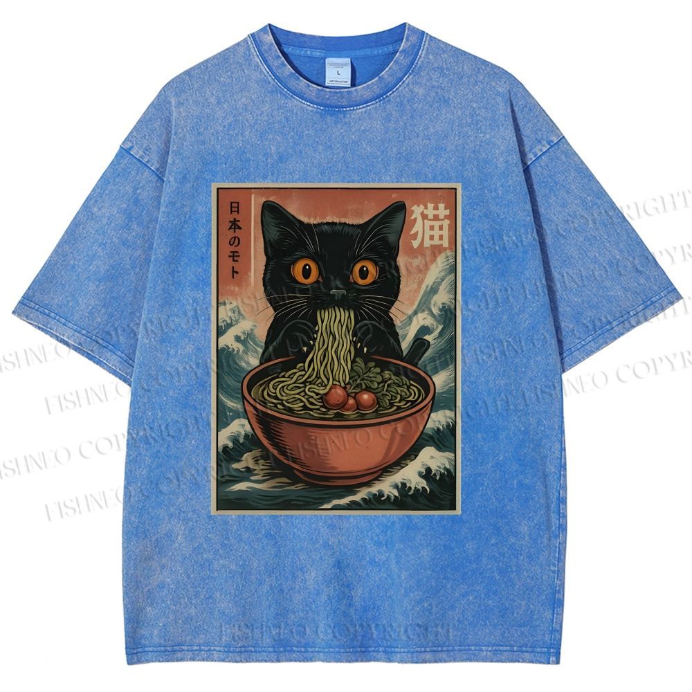 Unisex Japanese Wave Ramen Cat Printed Washed Tee