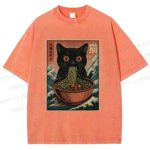 Unisex Japanese Wave Ramen Cat Printed Washed Tee