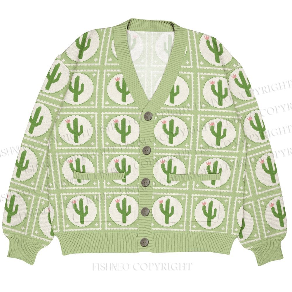 Cartoon Cactus Printed Ugly Cardigan Sweater With Pocket