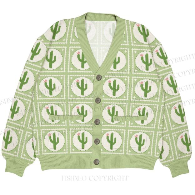 Cartoon Cactus Printed Ugly Cardigan Sweater With Pocket