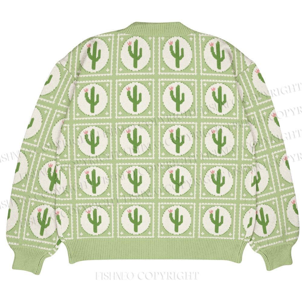 Cartoon Cactus Printed Ugly Cardigan Sweater With Pocket