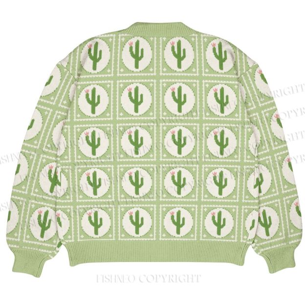 Cartoon Cactus Printed Ugly Cardigan Sweater With Pocket