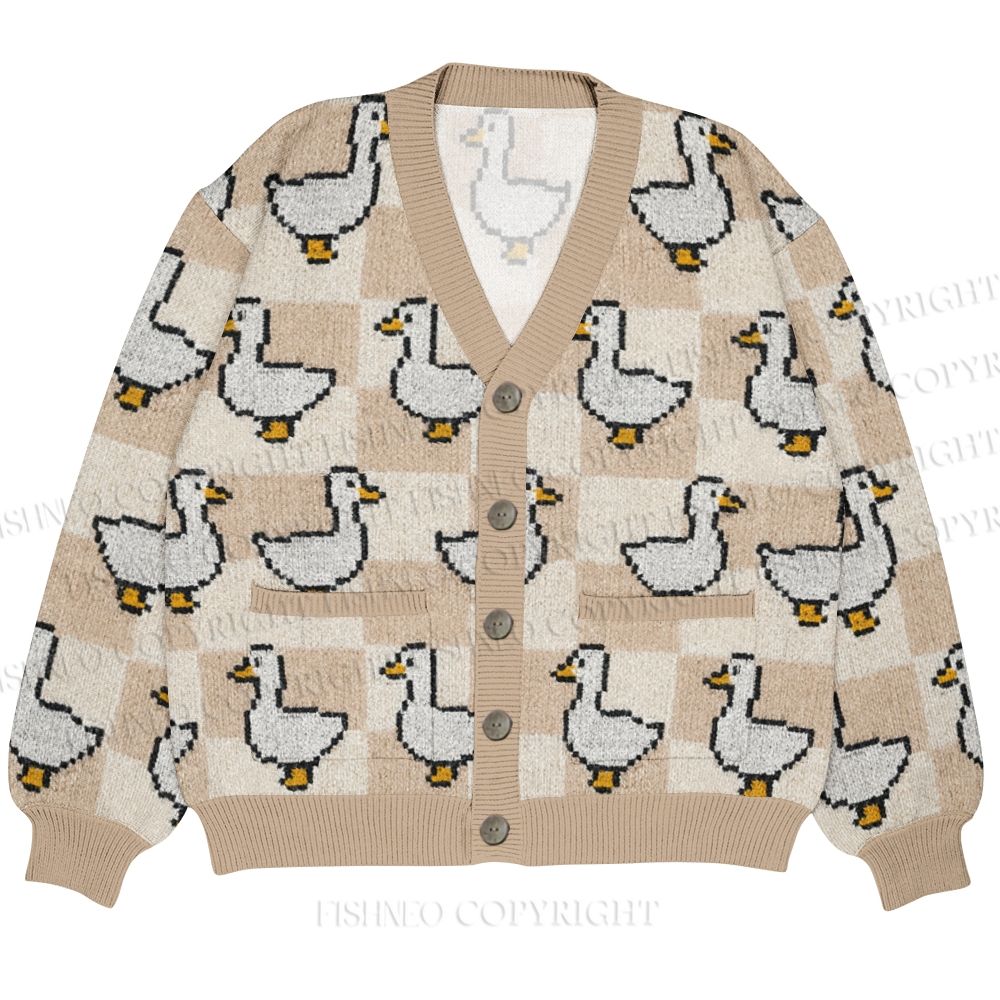 Geometric Cartoon Duck Printed Ugly Cardigan Sweater With Pocket
