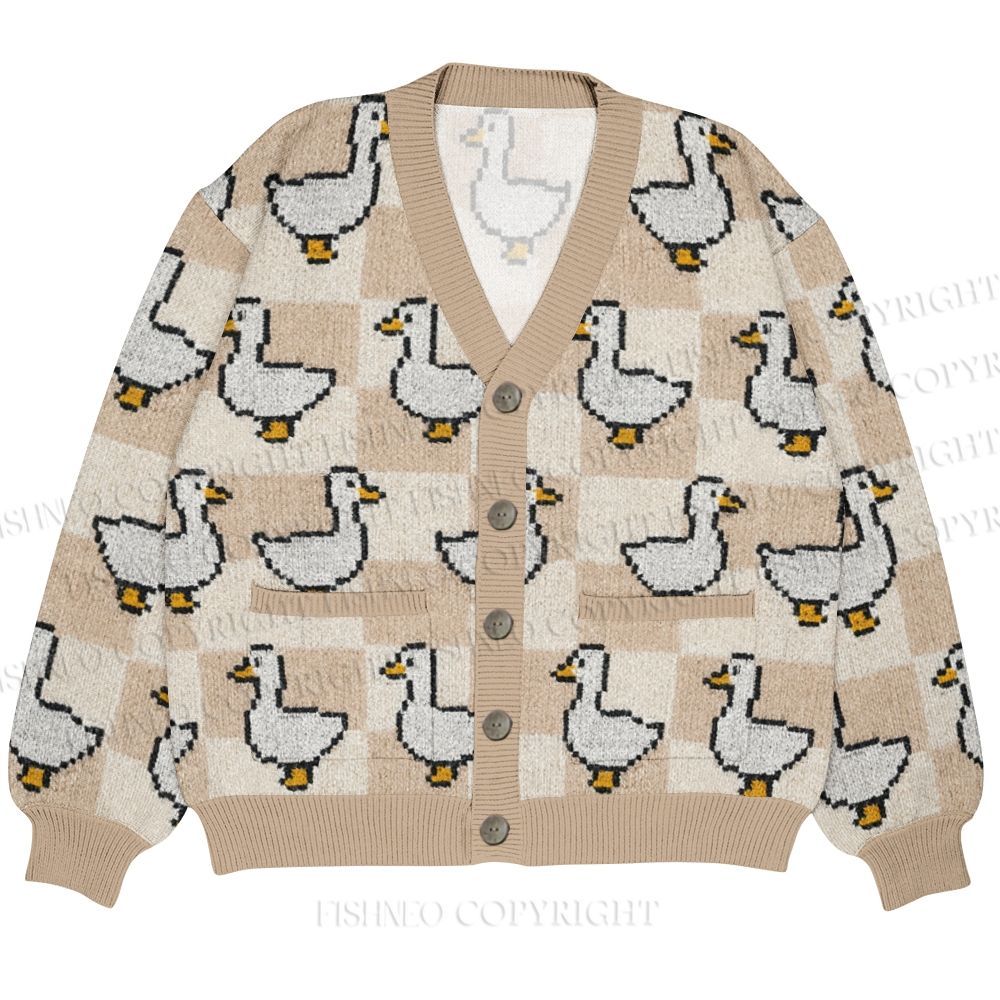 Geometric Cartoon Duck Printed Ugly Cardigan Sweater With Pocket