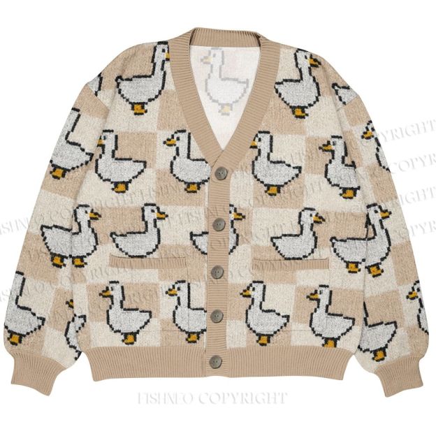 Geometric Cartoon Duck Printed Ugly Cardigan Sweater With Pocket
