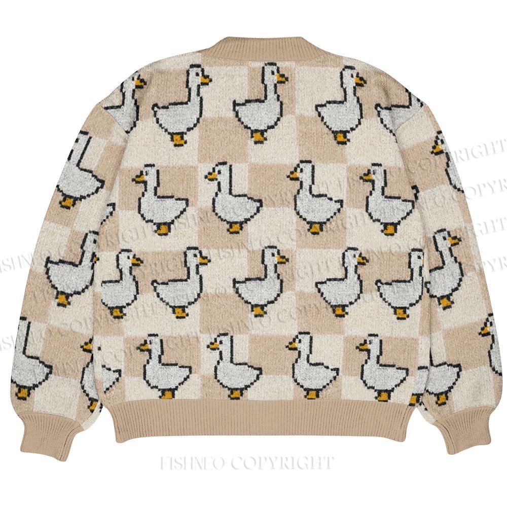 Geometric Cartoon Duck Printed Ugly Cardigan Sweater With Pocket