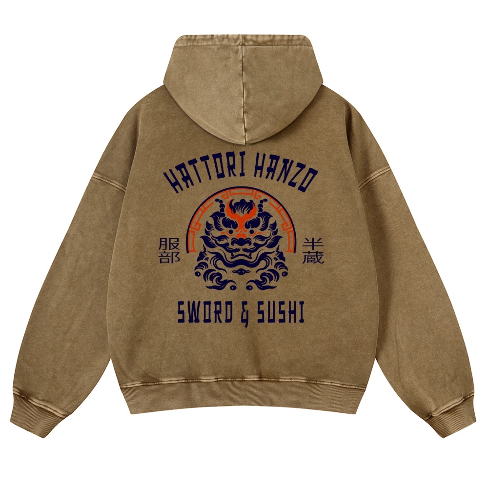 Hattori Hanzo Komainu Vintage Washed Cotton Back Art Hoodie