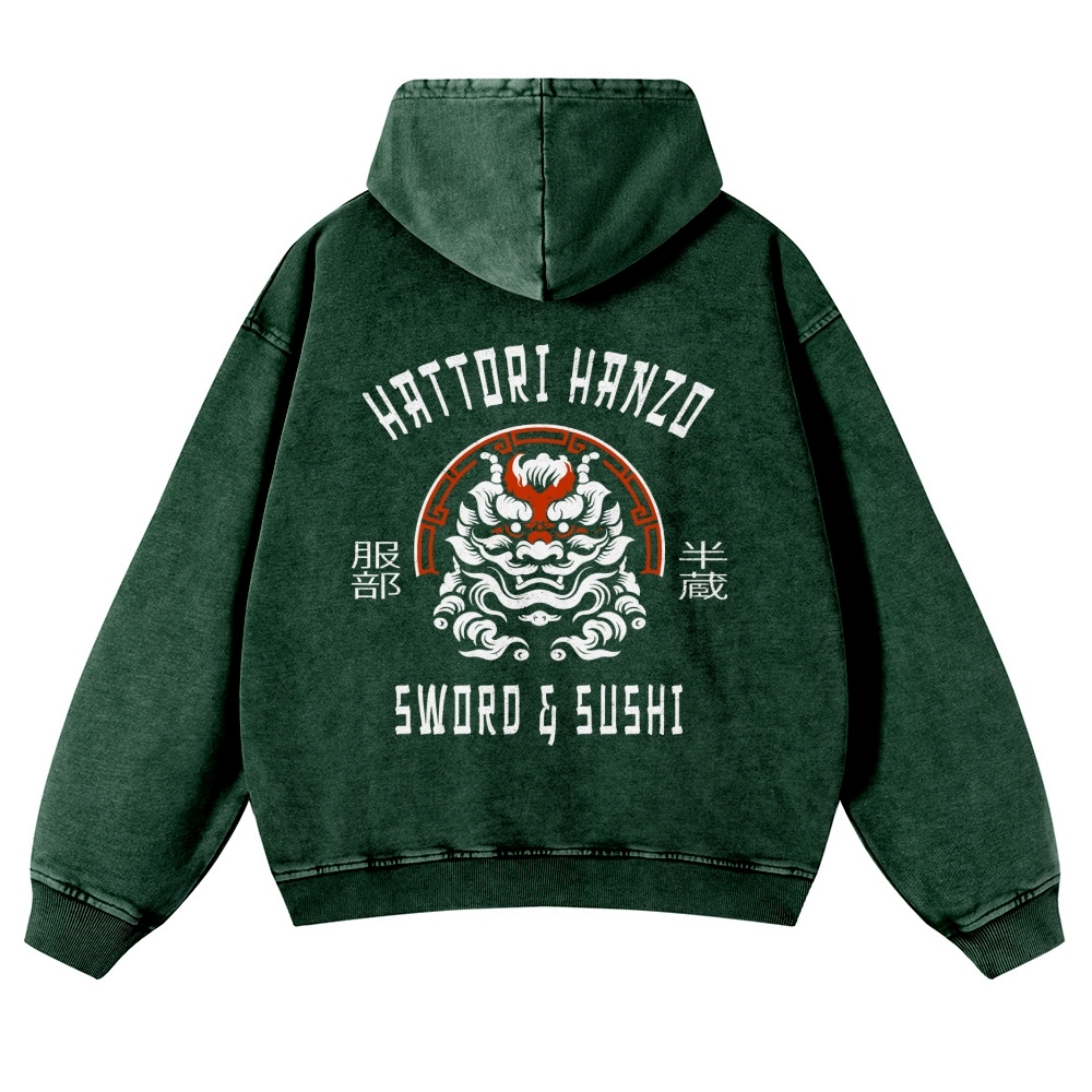 Hattori Hanzo Komainu Vintage Washed Cotton Back Art Hoodie