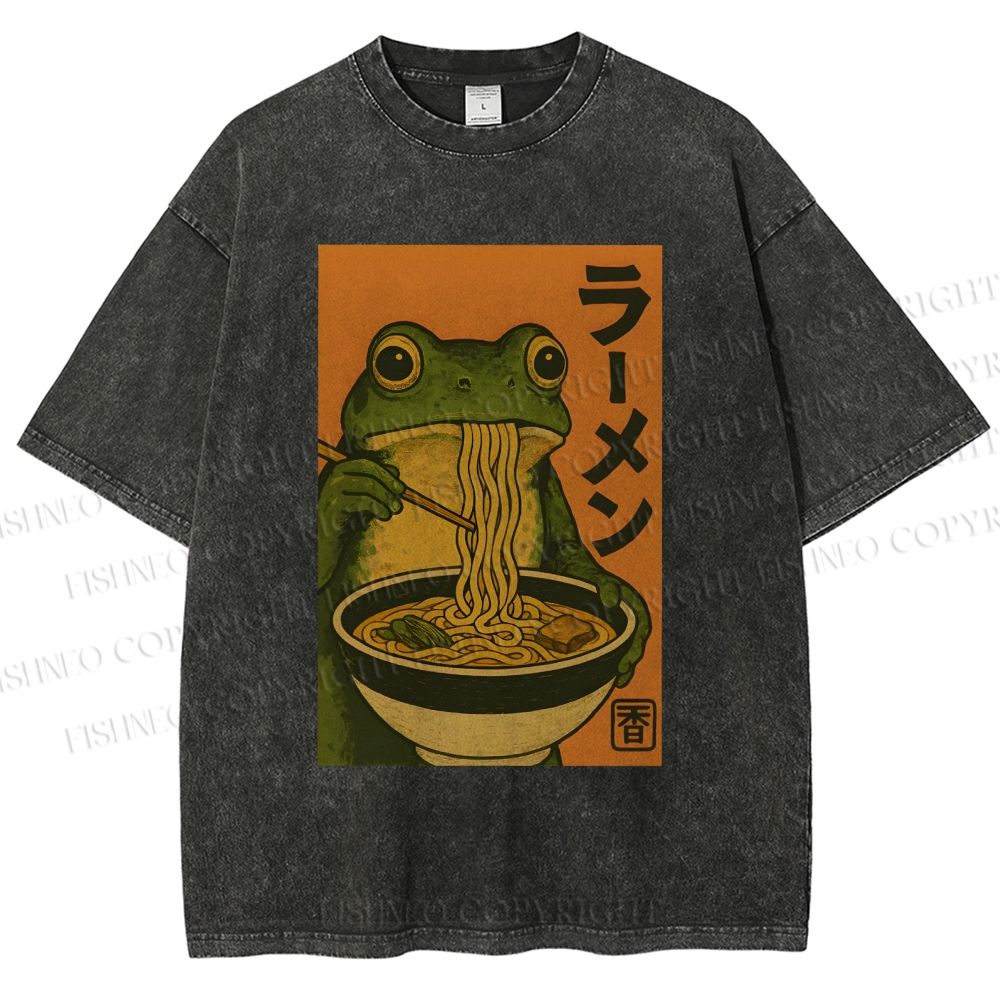 Unisex Frog Eating Ramen Printed Washed Tee