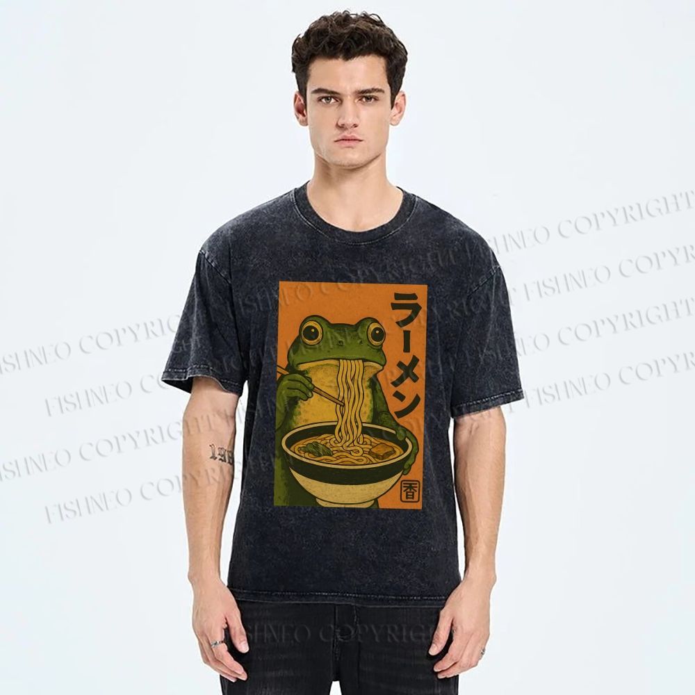 Unisex Frog Eating Ramen Printed Washed Tee