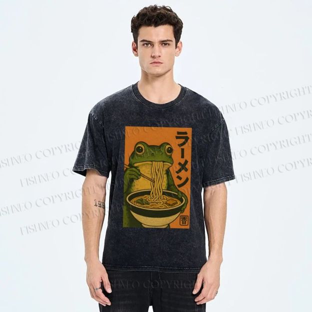 Unisex Frog Eating Ramen Printed Washed Tee