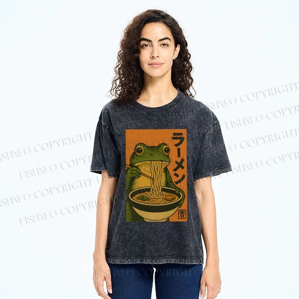 Unisex Frog Eating Ramen Printed Washed Tee