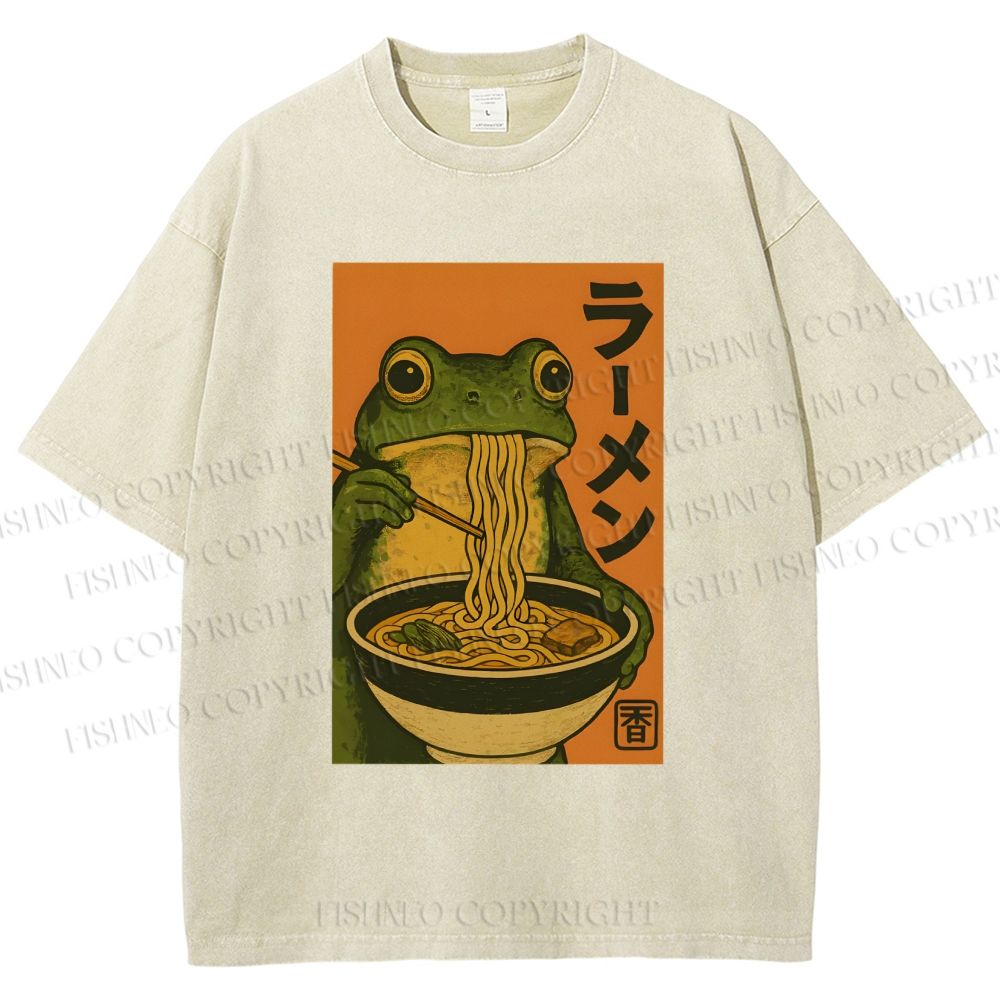 Unisex Frog Eating Ramen Printed Washed Tee