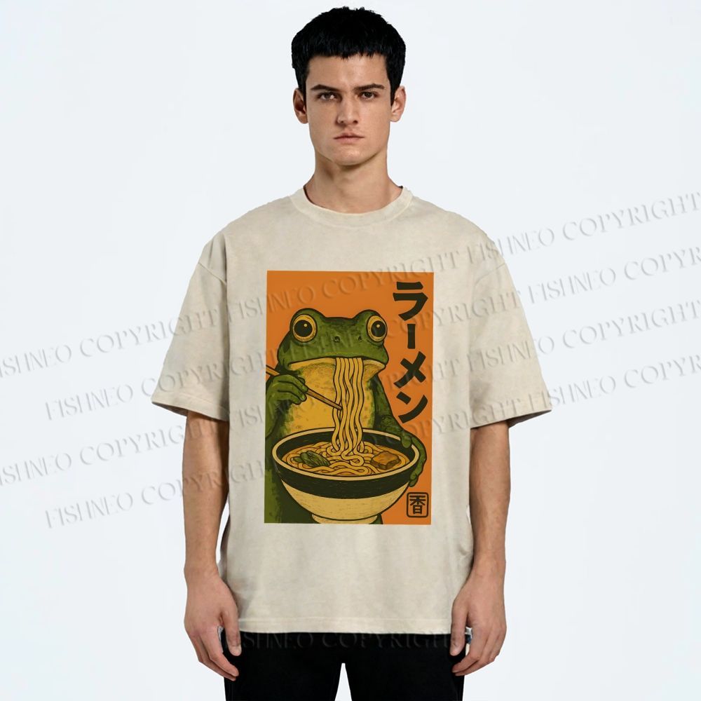 Unisex Frog Eating Ramen Printed Washed Tee