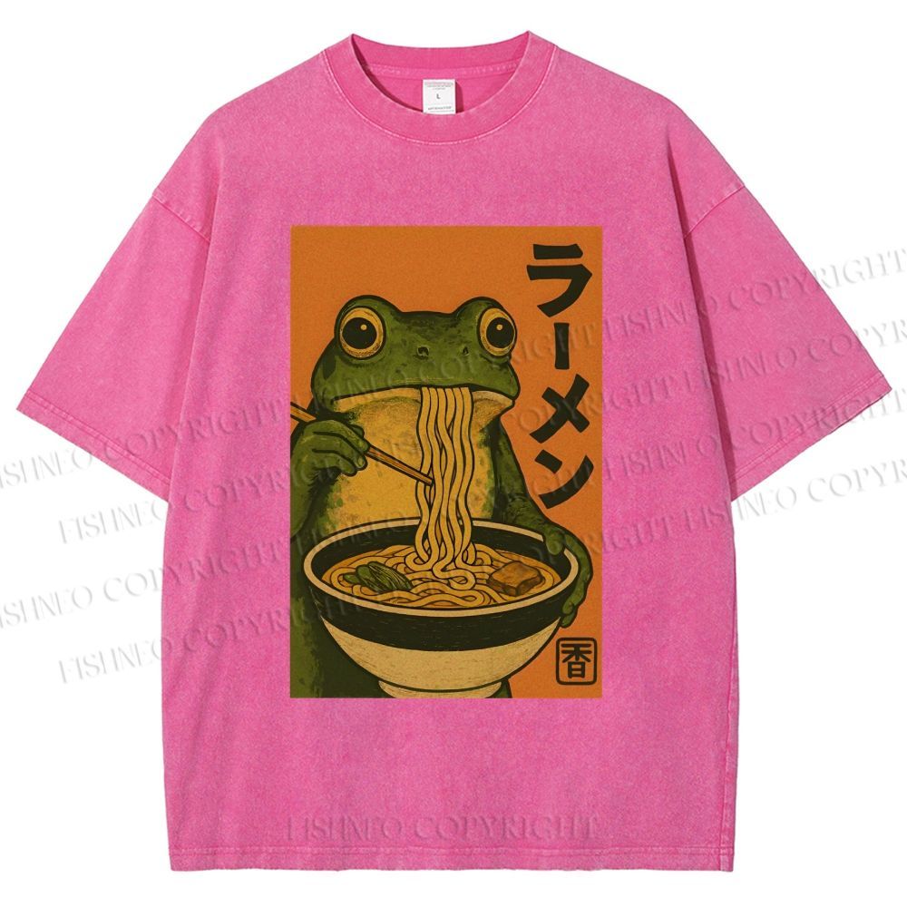Unisex Frog Eating Ramen Printed Washed Tee