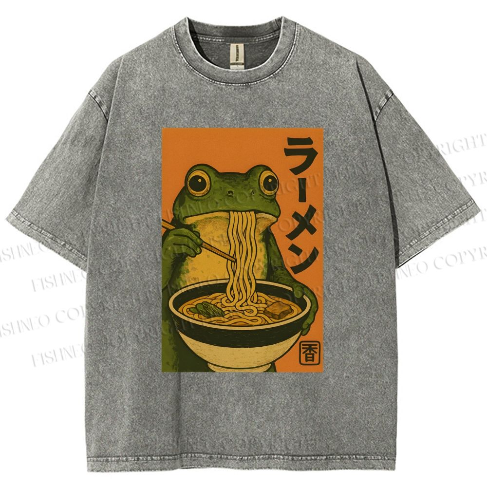 Unisex Frog Eating Ramen Printed Washed Tee