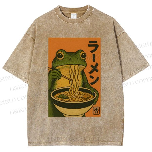 Unisex Frog Eating Ramen Printed Washed Tee