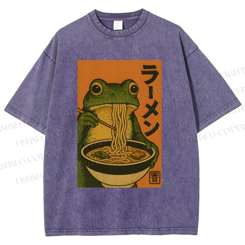 Unisex Frog Eating Ramen Printed Washed Tee