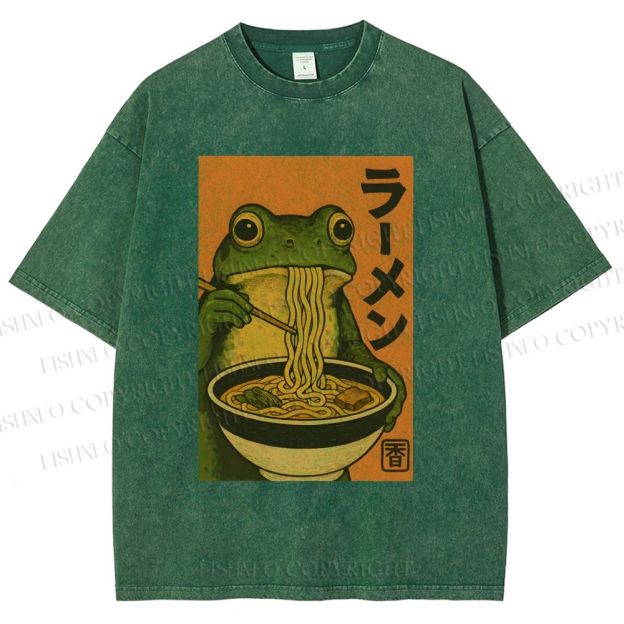 Unisex Frog Eating Ramen Printed Washed Tee