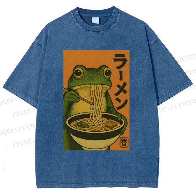 Unisex Frog Eating Ramen Printed Washed Tee