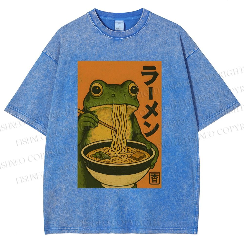 Unisex Frog Eating Ramen Printed Washed Tee