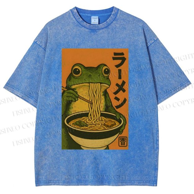 Unisex Frog Eating Ramen Printed Washed Tee
