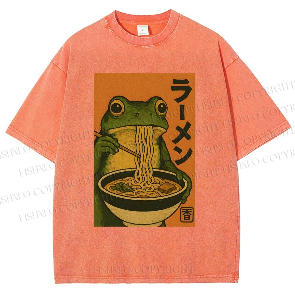 Unisex Frog Eating Ramen Printed Washed Tee