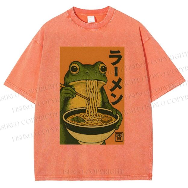 Unisex Frog Eating Ramen Printed Washed Tee