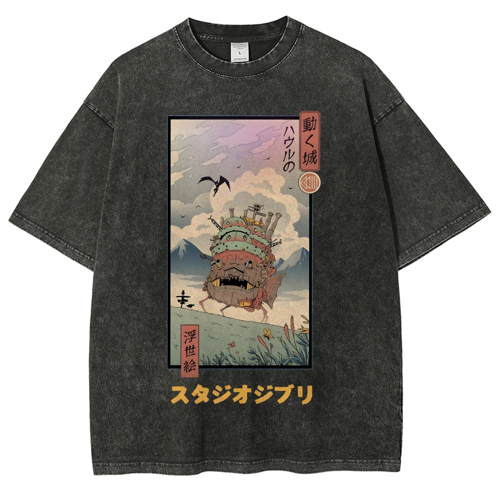 Ghibli Howl's Moving Castle Anime Ukiyoe Vintage Wash Japanese Design T-Shirt