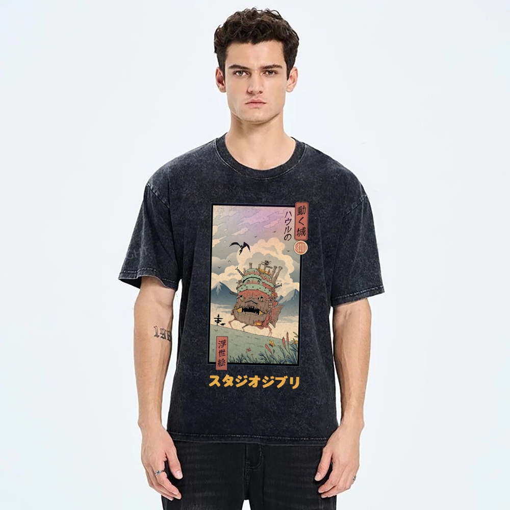 Ghibli Howl's Moving Castle Anime Ukiyoe Vintage Wash Japanese Design T-Shirt