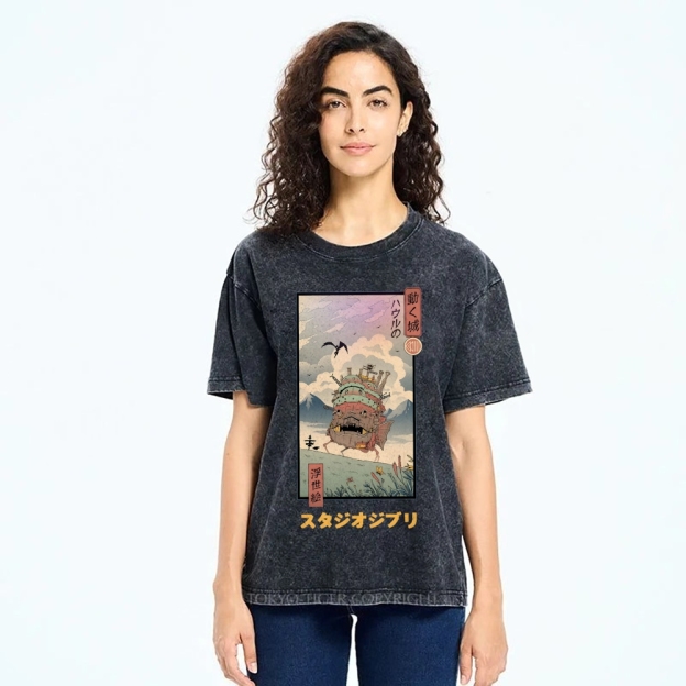 Ghibli Howl's Moving Castle Anime Ukiyoe Vintage Wash Japanese Design T-Shirt