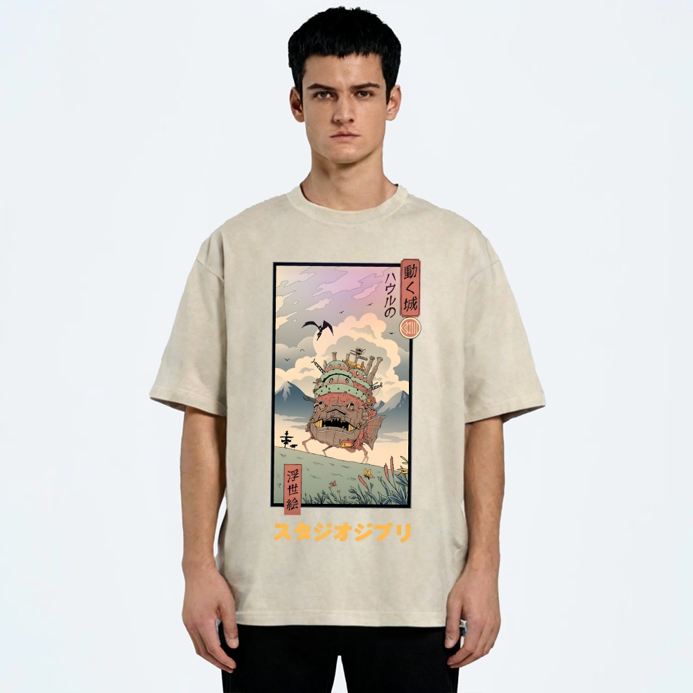 Ghibli Howl's Moving Castle Anime Ukiyoe Vintage Wash Japanese Design T-Shirt