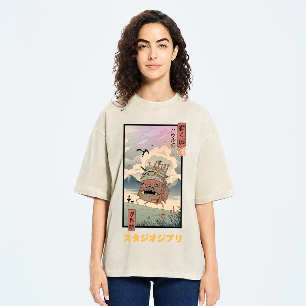 Ghibli Howl's Moving Castle Anime Ukiyoe Vintage Wash Japanese Design T-Shirt