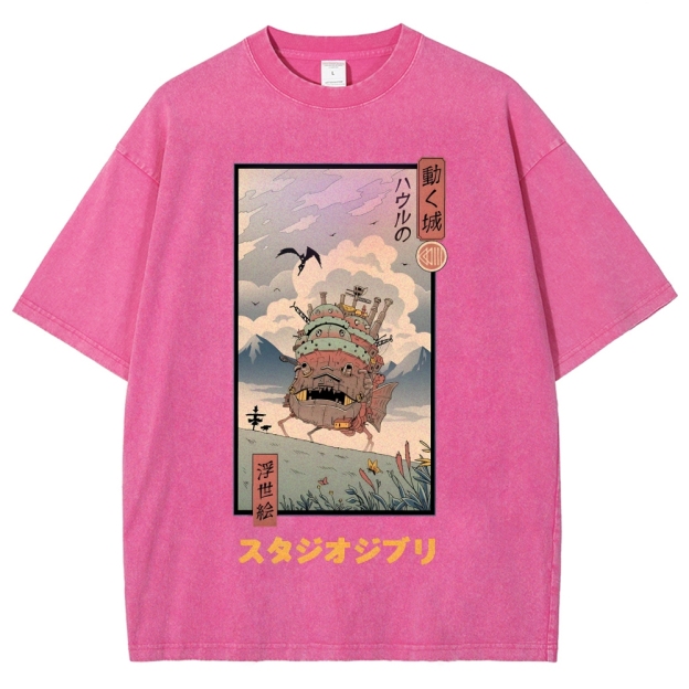 Ghibli Howl's Moving Castle Anime Ukiyoe Vintage Wash Japanese Design T-Shirt