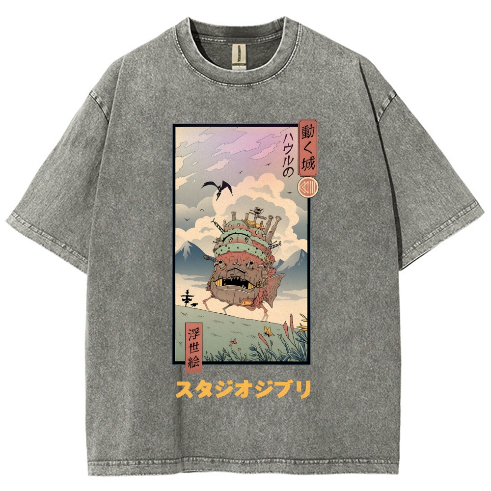 Ghibli Howl's Moving Castle Anime Ukiyoe Vintage Wash Japanese Design T-Shirt