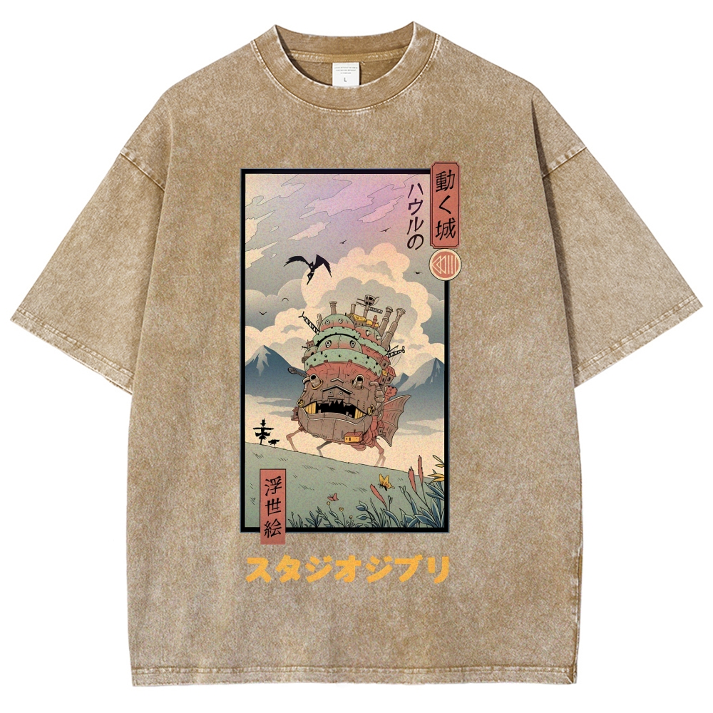 Ghibli Howl's Moving Castle Anime Ukiyoe Vintage Wash Japanese Design T-Shirt