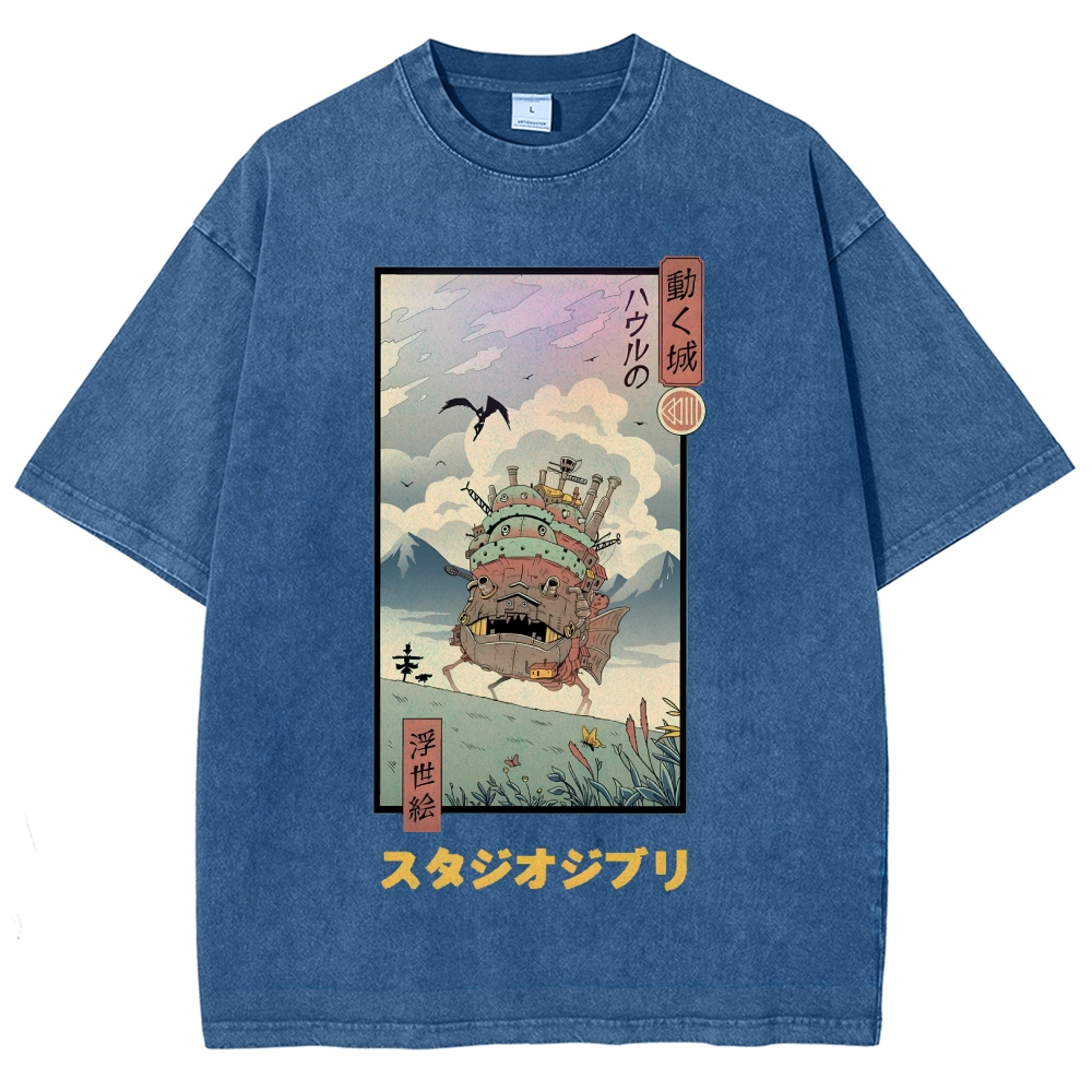 Ghibli Howl's Moving Castle Anime Ukiyoe Vintage Wash Japanese Design T-Shirt