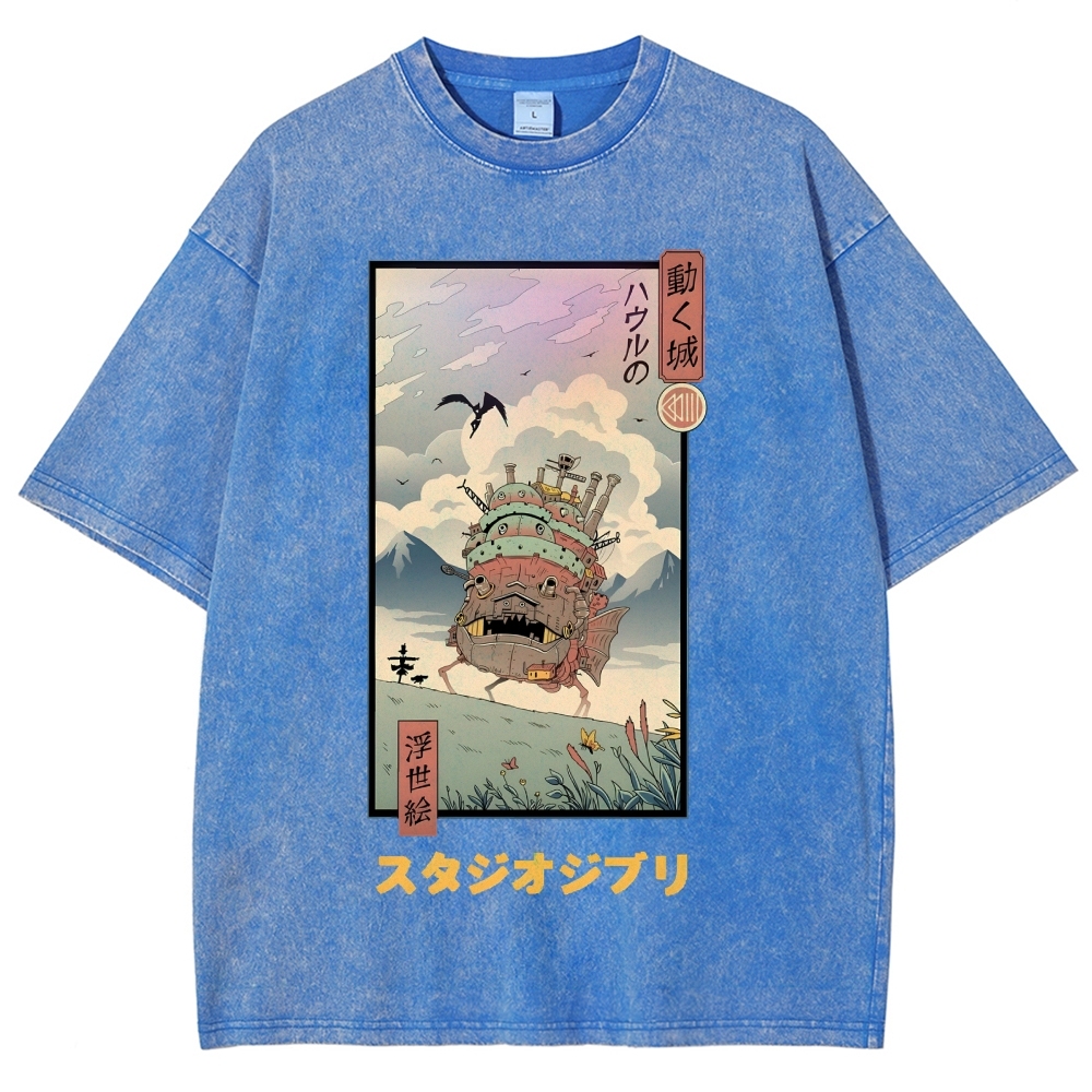 Ghibli Howl's Moving Castle Anime Ukiyoe Vintage Wash Japanese Design T-Shirt